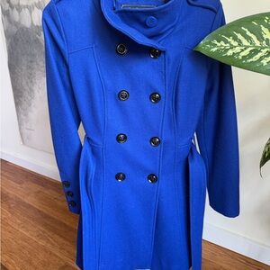Guess Royal Blue Double-Breasted Wool Blend Coat